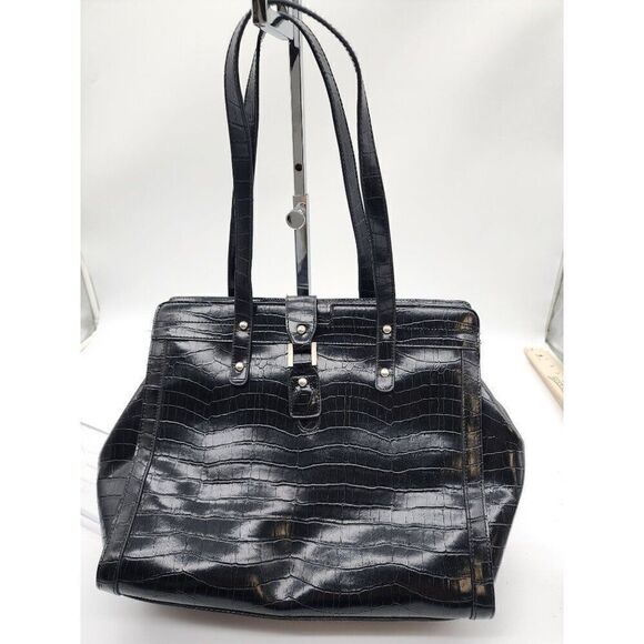 Black Crocodile-Embossed Patent Leather Tote Bag By Maggie Barnes - Picture 1 of 6